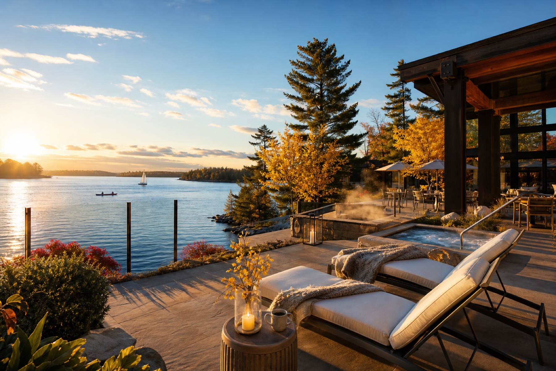 Lakeside Ontario resort terrace at golden hour Lakeside Ontario resort terrace at golden hour