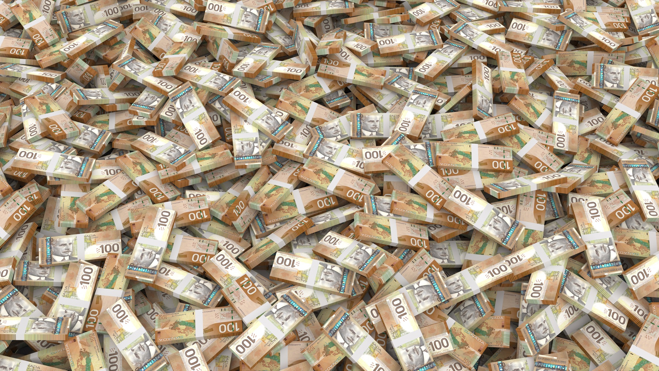 Pile of bundled Canadian one-hundred-dollar banknotes Pile of bundled Canadian one-hundred-dollar banknotes